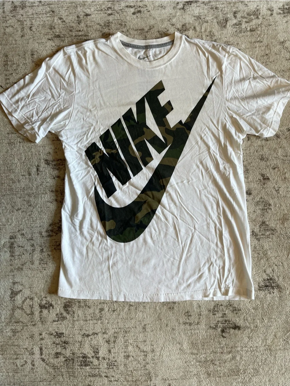 Nike White T-Shirt with Green Camo Swoosh